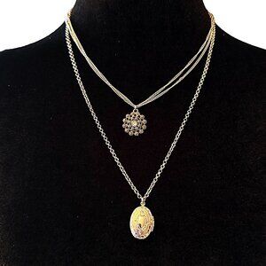 Silver Multi-Layer Chain Necklace With Locket Pendant & Crystal Accent